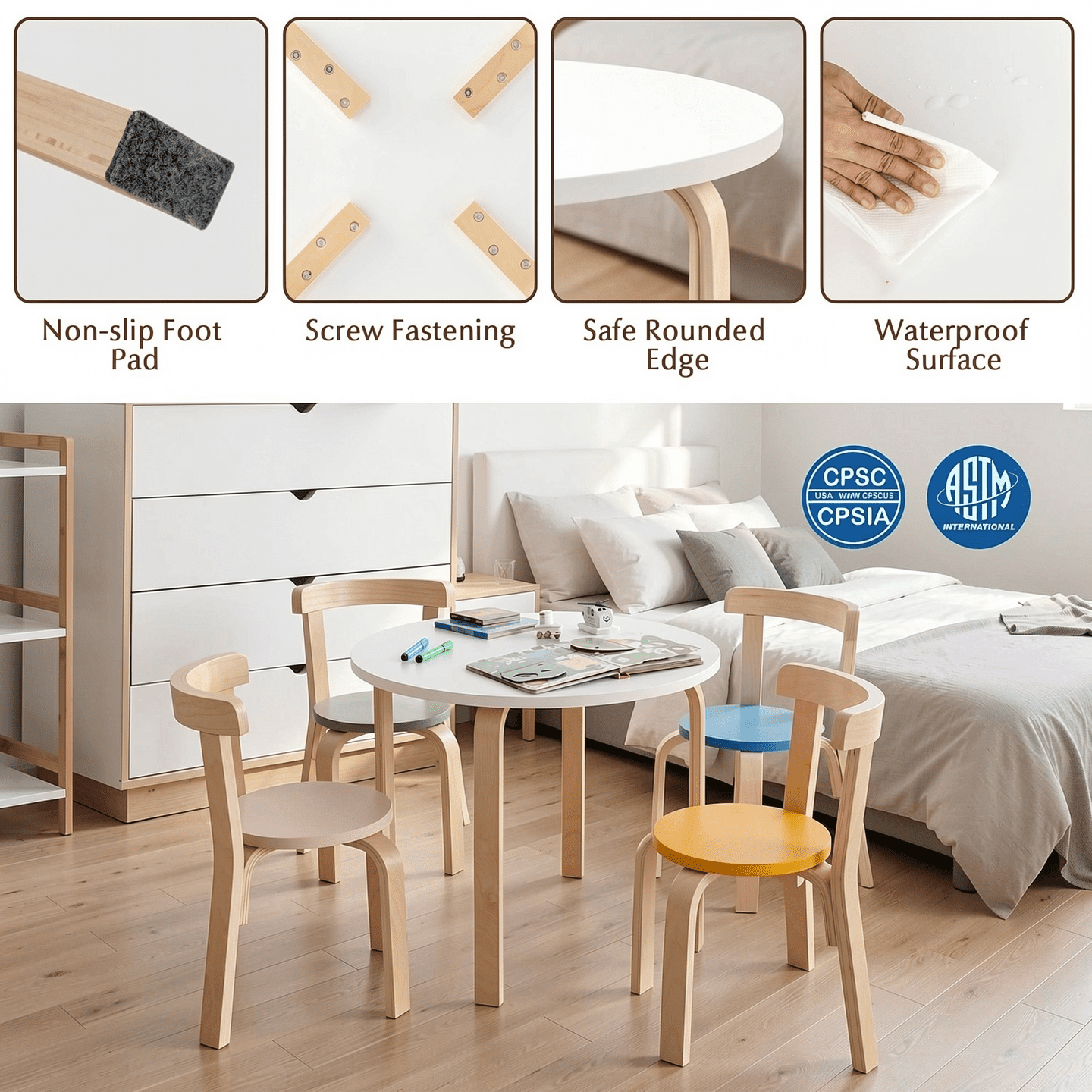 Furnibear Kids Table and Chair Set 5 Piece Kids Wooden Curved Back Activity Table and Chair Set