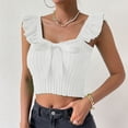 thumbnail image 4 of Women Top Bow Knot Front Neck Sleeveless Top Ruffle Rib Knit Slim Blouse Pure Color Blouse White L, 4 of 6