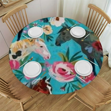 

BCIIG Horses Flowers Round Tablecloth Stain Resistant Washable Perfect for Indoor Outdoor Kitchen Dining Wedding Parties 100% Polyester Fabric Waterproof Farmhouse Style Multiple Sizes 54 -58