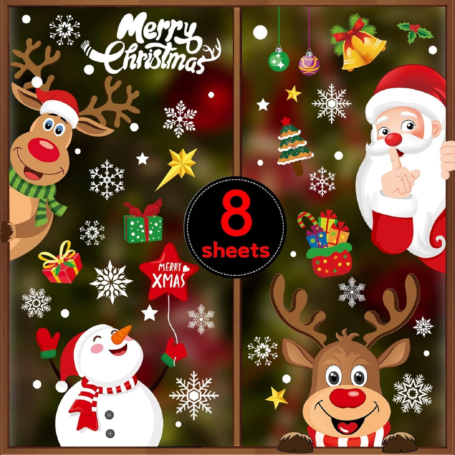 Christmas Window Clings 256pcs, Christmas Decals Reusable Double Sided Printed Self Adhesive Window Decorations Santa Claus, Moose, Snowman,Socks,Xmas Tree and Snowflakes Window Stickers, 8 Sheet