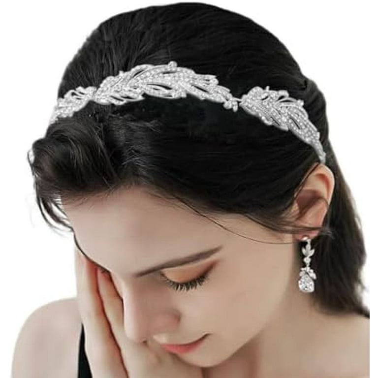 Bridal Crystal Leaf Elastic Headband - Silver venito-silver-crystal-leaves-  main image 3