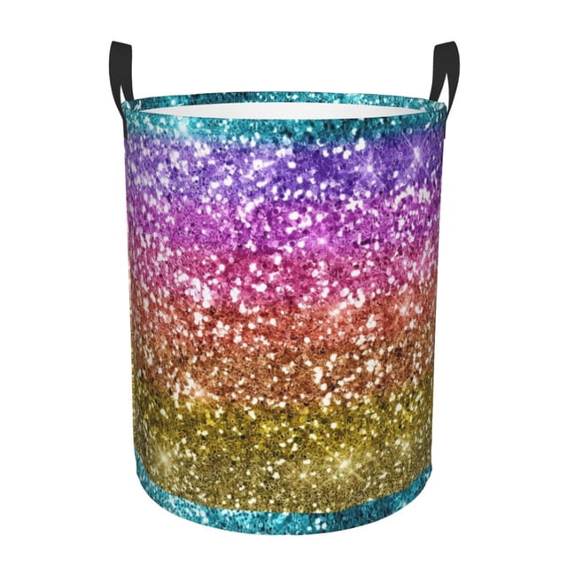 Balery Glitter Rainbow Cesta de ropa redonda con asas, impermeable, independiente, para ropa, juguetes, dormitorio y familia-Small