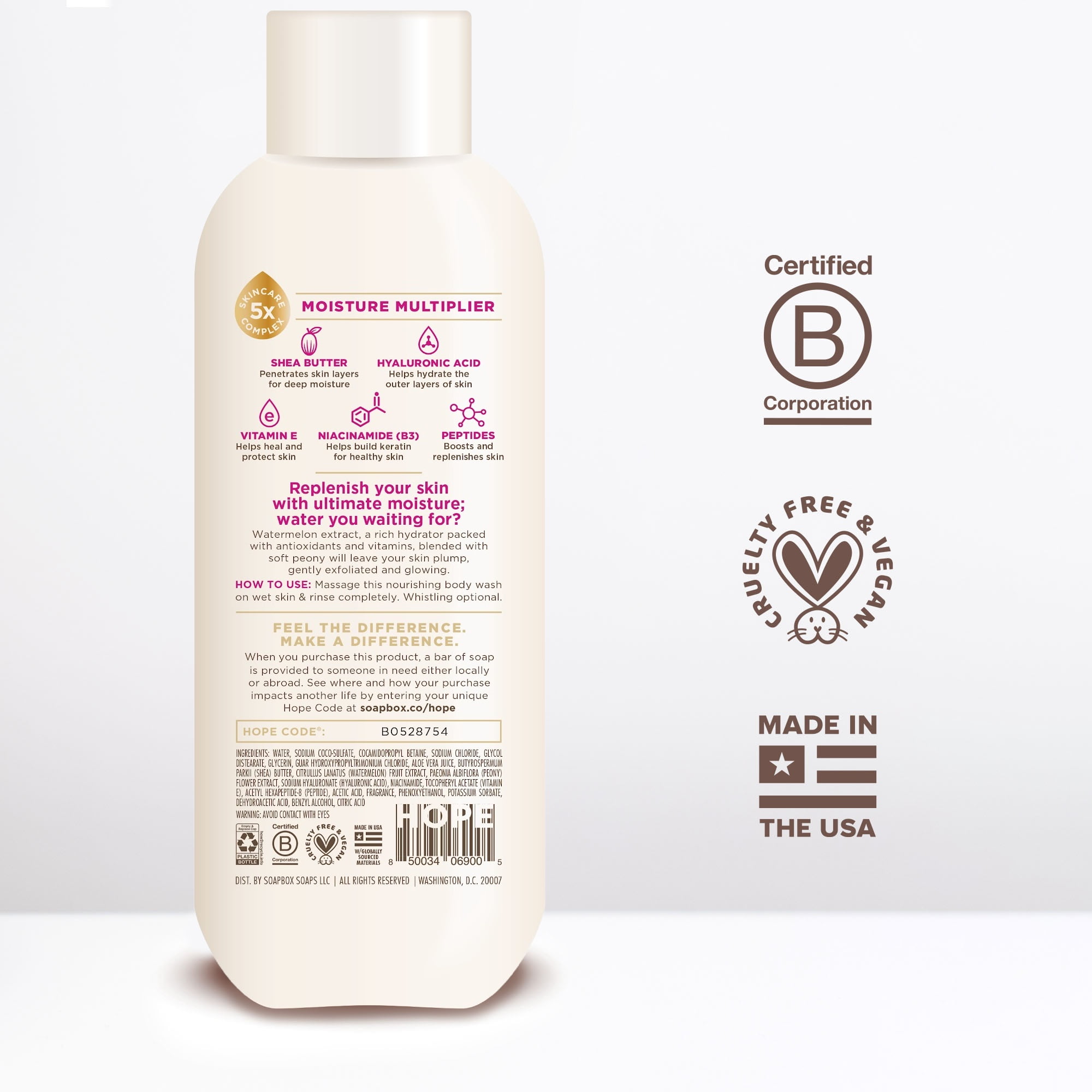 Soapbox Moisture Multiplying Body Wash for Women & Men, All Skin Types, Watermelon and Peony, 20 oz
