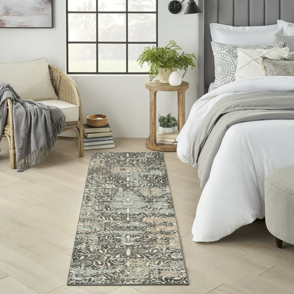 Nourison Soma Contemporary French Country Charcoal Teal Ivory 2'2" x 7'6" Area Rugs, (2'x 8')