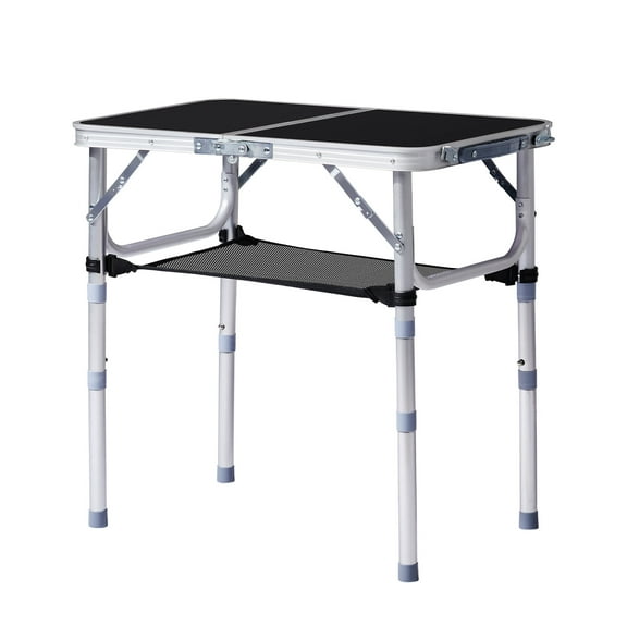 2ft Outdoor Folding Camping Table - Black (3 Adjustable Heights, 110LBS Capacity, Aluminum Lightweight, Mesh Shelf Carry Handle, for Hiking/BBQ/Beach/Indoor)