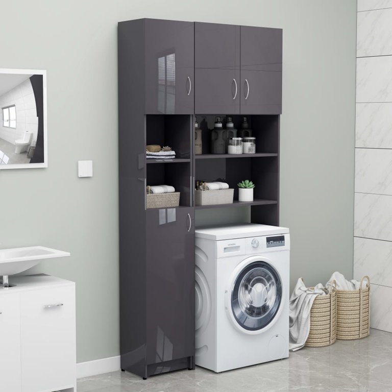  vidaXL Armario de lavadero, armario para lavadora y secadora  con estantes, gabinete de inodoro, estante de lavadora para baño y cocina,  madera de ingeniería gris