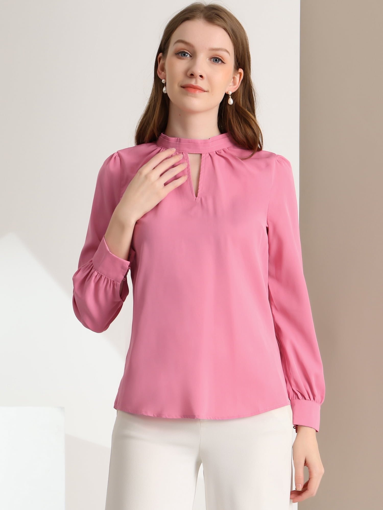 DARING DIVA Women's Stand Collar Long Sleeve Office Blouse M Rose Pink
