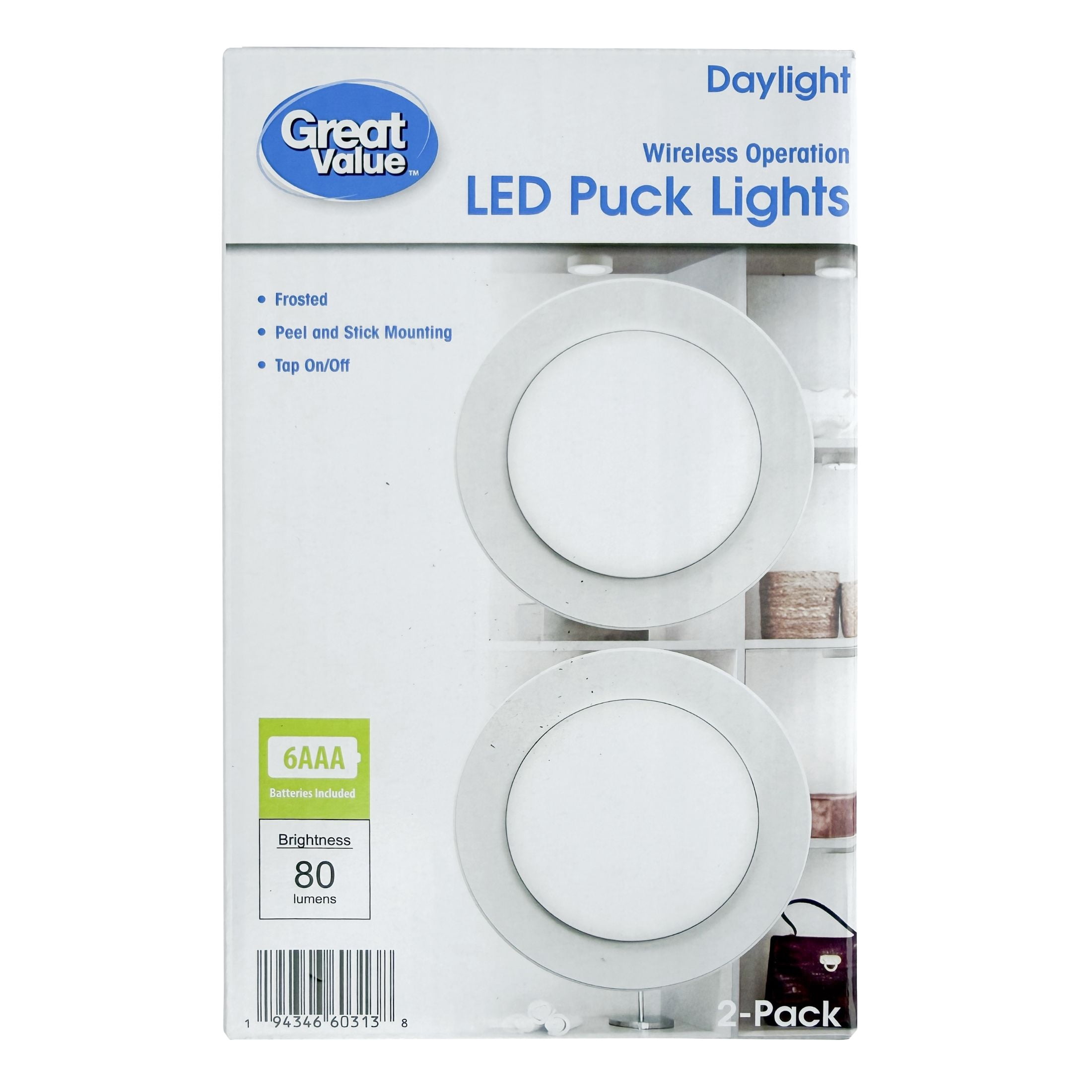 Great Value Wireless Frosted LED Puck Lights, 2 Pack