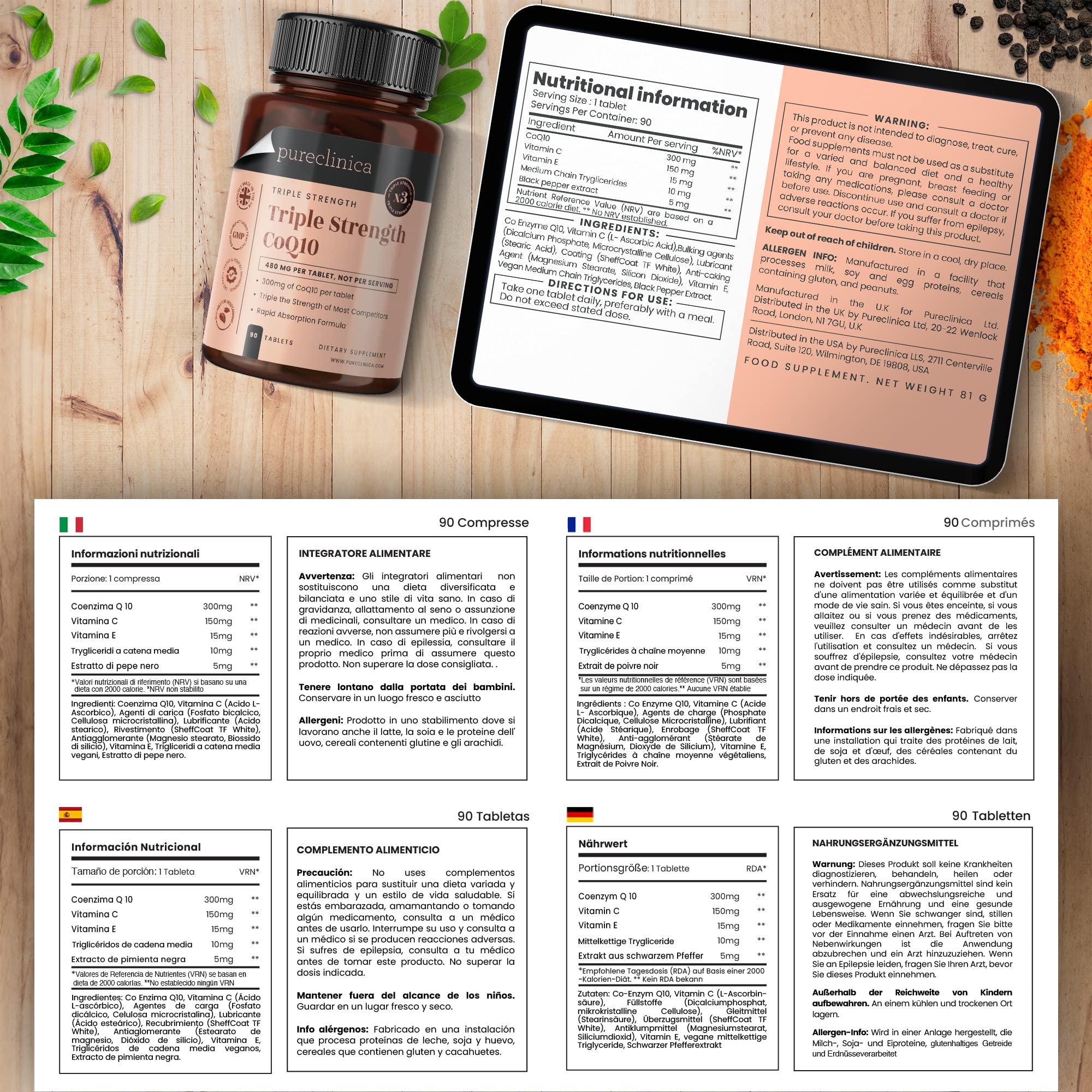 Pureclinica Fermented CoQ10 300mg x 90 Tablets. Non GMO, USP Grade with Added Vitamin C and Black Pepper Extract for Absorption.