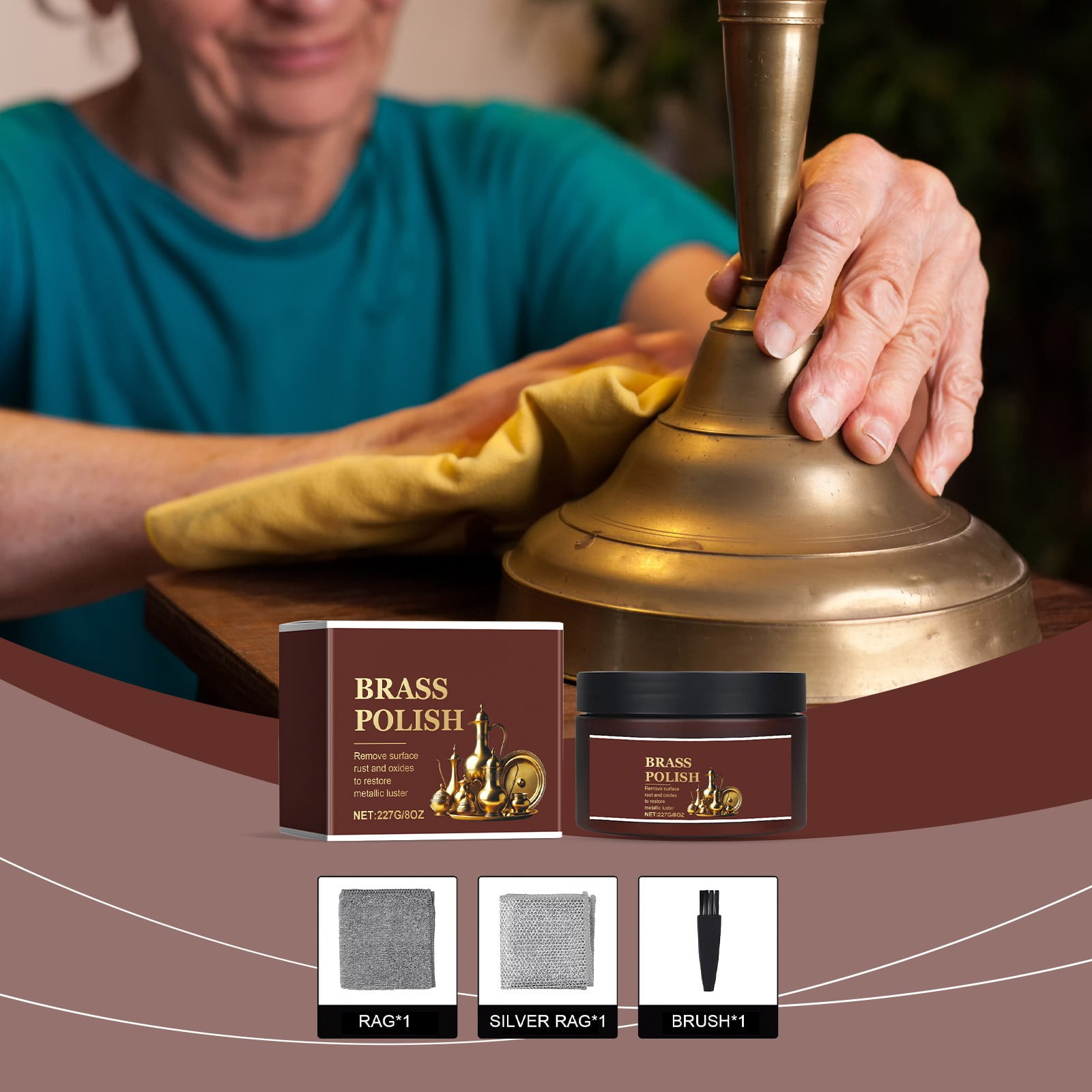 Shetay Brass Polish and Cleaner Kits,Removes Dirt, Does Not Scratch, and Maintains Shine, Copper Cleaner,Polishing Cloth, Free Rag & Silver Rag & Brush (1 pcs).