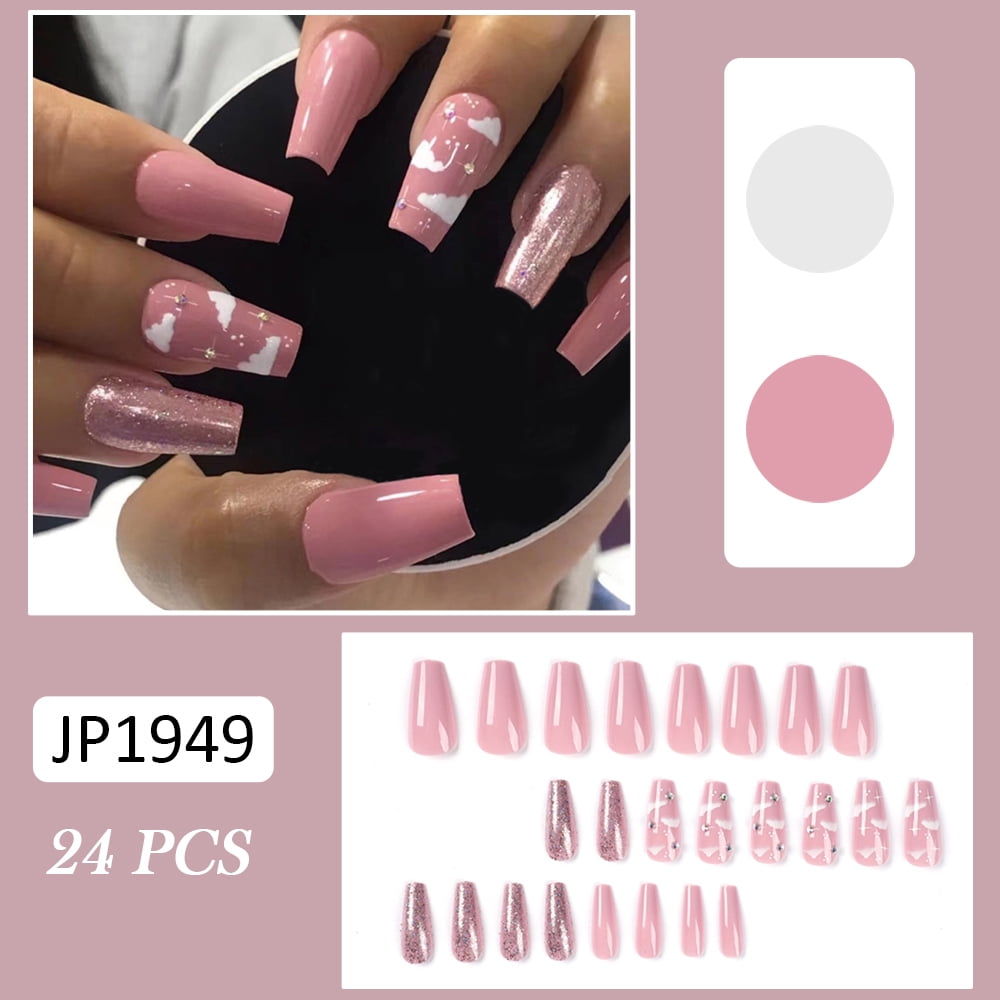 Solid Pink Color Fake Nails With White Clouds Pattern Diamante Gentle