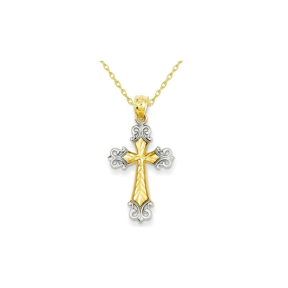 14K Yellow and White Gold Cross Pendant Necklace with Chain