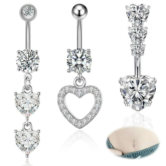 Belly Button Rings Set, 3 pcs Silver Belly Bar Surgical Steel Navel Bars,10mm Surgical Steel Dangling Belly Button Rings,Heart Navel Piercing Jewelry for Women