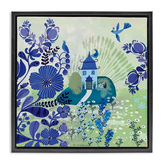 Stupell Industries Whimsical Blue Garden Floral Painting Black Floater Framed Canvas Art Print Wall Art, 18 x 18