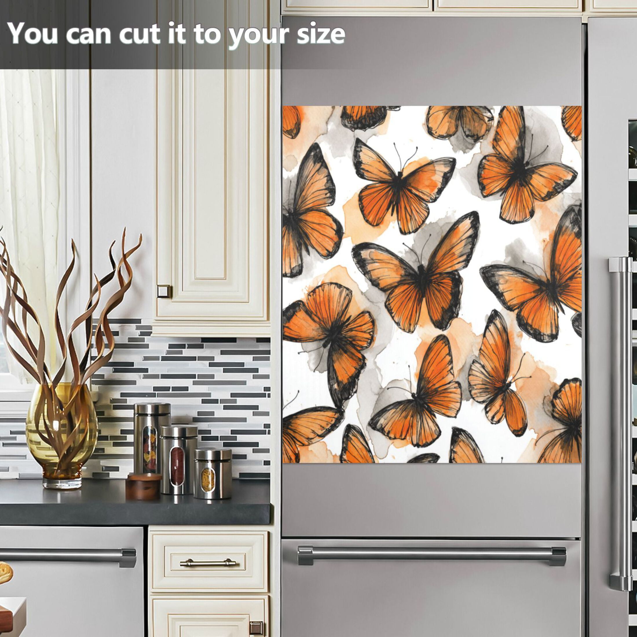 Dishwasher Magnetic Refrigerator Magnet Cover Sticker Home Decorative 23"x26" Orange Sketch Butterfly Pattern