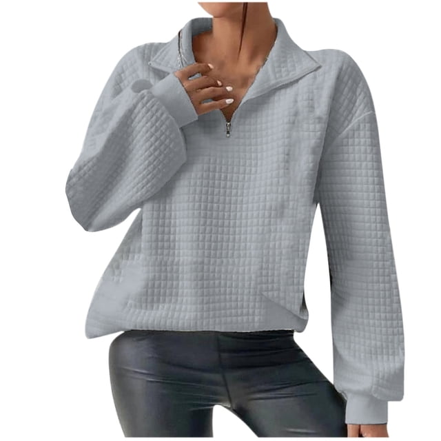 Timegard Quarter Zip Pullover for Women Long Sleeve Sweatshirts Fall Winter Loose Tops Solid Color