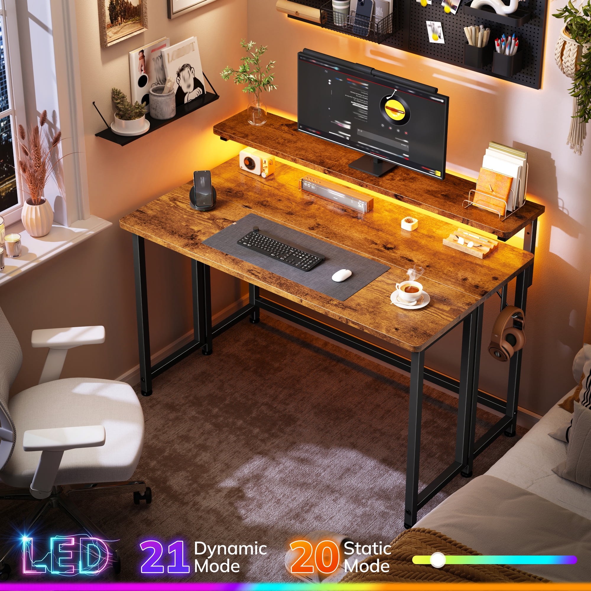 Romorgniz 39.4"D Computer Desk with LED Lights, Foldable Desk with Monitor Stand & Hooks, Computer Desk for Small Space, Rustic Brown