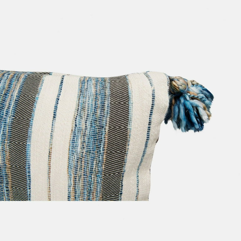 Cotton Lumbar Pillow with Embroidered Curved Pattern & Tassels, Cream Color & Blue