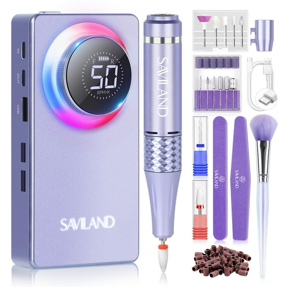 SAVILAND 50000RPM Nail Drill for Acrylic: 2024 Pro High Tech Fast Removal Electric Nails Drill Kit 6000mAh Rechargeable Machine Professional Drill Bi