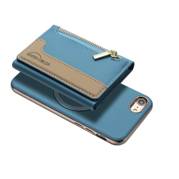 Allytechgroup 2-in-1 Magnetic Wallet Case for iPhone 7 / 8 / SE 2022 & 2020, Detachable Card Holder with Zipper Pocket RFID Blocking Kickstand PU Leather Protective Flip Cover with 6 Slots, Lightblue