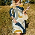 thumbnail image 3 of Abstract Wavy Yellow Navy Gray Women's 3/4 Sleeve Dresses Elegant A-Line Midi Dress Flare Summer Casual Sundress, 3 of 9
