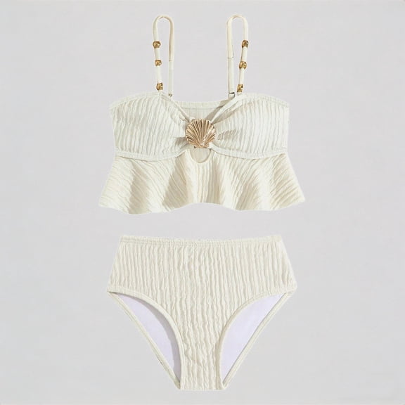 Krdevn Girls Two Piece Bikini Swimsuit Ribbed Seashell Ruffle Bandeau Top Beaded Strap High Waist UPF 50 Summer Beach Pool Swimwear,6-7 Years