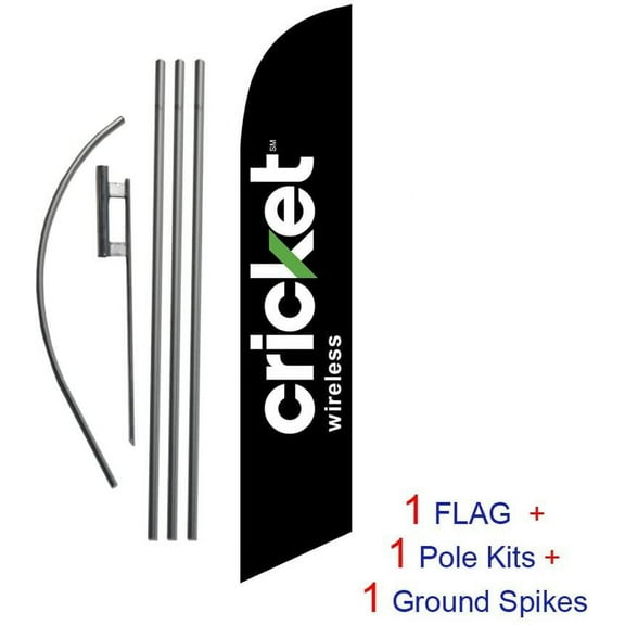 Black Cricket Wireless Advertising Feather Banner Swooper Flag Sign with Flag Pole Kit and Ground Stake
