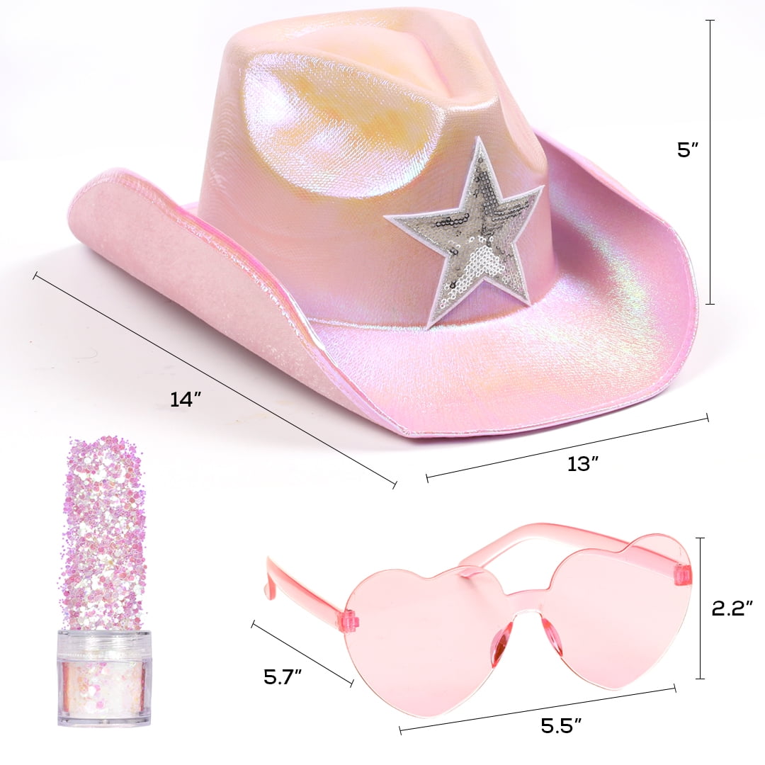 Space Cowgirl Hat with Heart Glasses Women Metallic Holographic Cowboy Hats Neon Rave Sparkly Glitter Rodeo Party Costume
