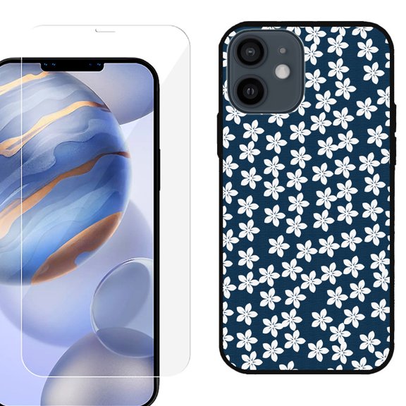 Slim-Fit Protective Phone Case (Black) compatible with iPhone 12 / iPhone 12 Pro, with Tempered Glass Screen Protector, by OneToughShield ® - Flower/Blue