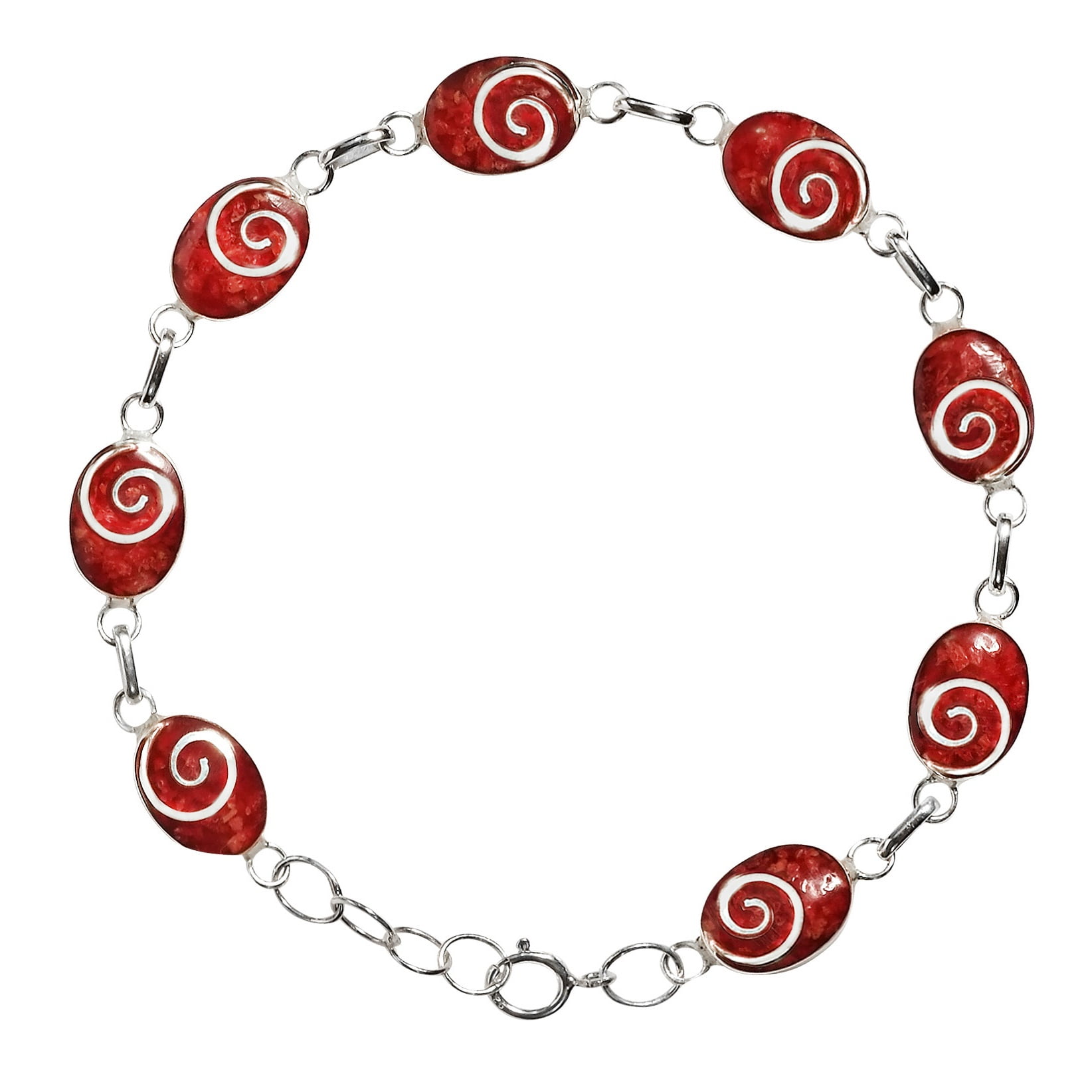 Charming Swirl Reconstructed Red Coral Oval Disc .925 Sterling Silver Link Bracelet by