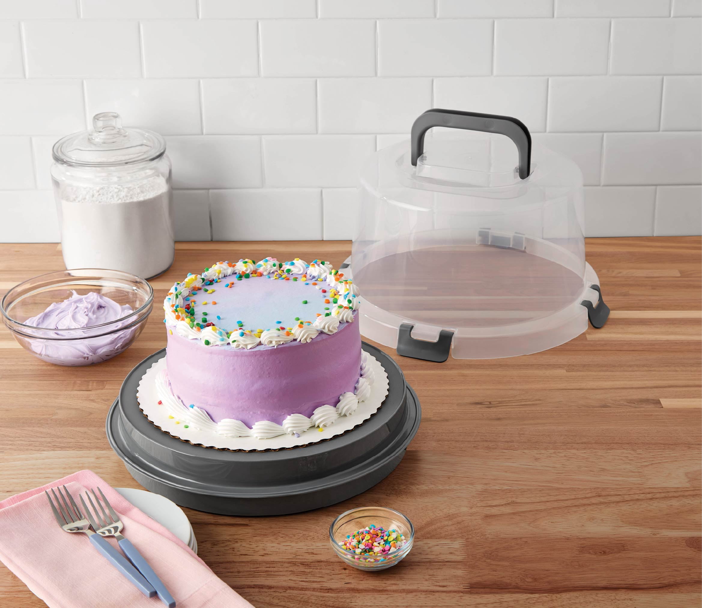 Mainstays Cake & Cupcake Carrier with Flippible Base, Lid, Handle & Clasps, Grey Plastic