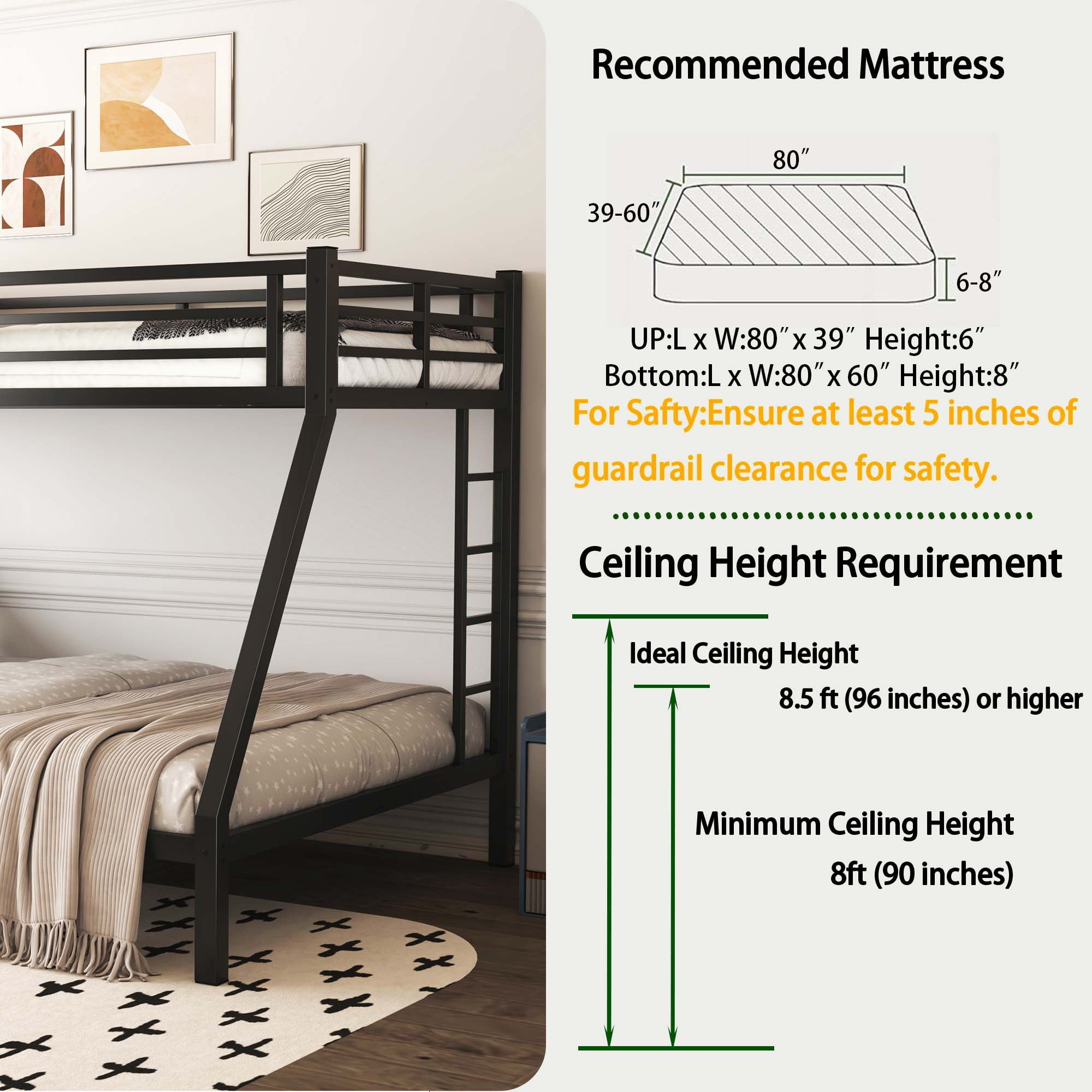 Miniyam Twin XL Over Queen Metal Bunk Bed, Heavy Duty Frame, Fast Assembly, Noise Reduced, Black