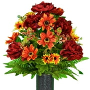 Sympathy Silks Artificial Cemetery Flowers – Realistic, Outdoor Grave Decorations - Non-Bleed Colors- Burgundy Peony and Orange Daisy Bouquet for Cemetery Vase