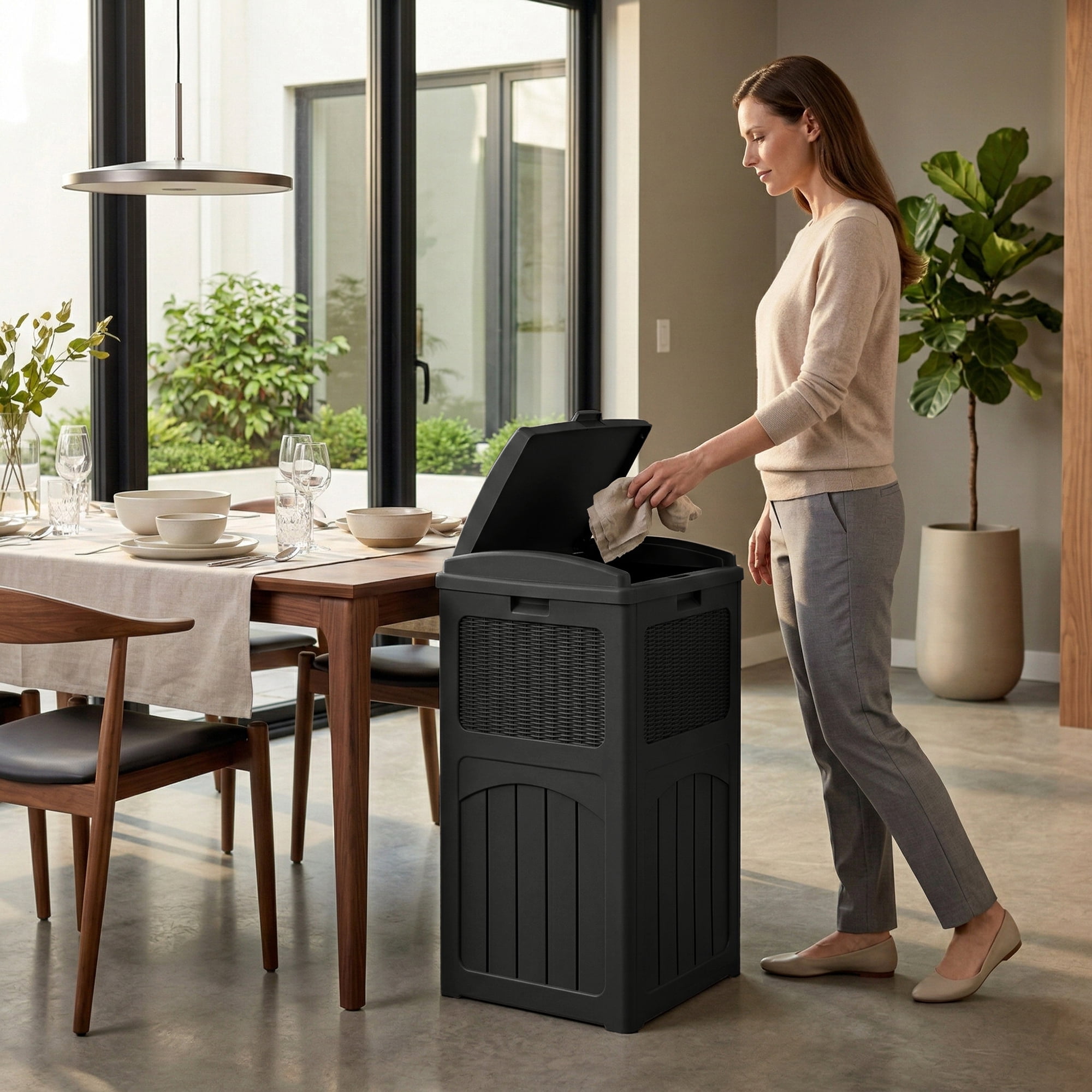 Devoko  All-Weather use Trashbin with Lid, Patio Resin Hideaway Trash Can with Waterproof for Backyard, Black