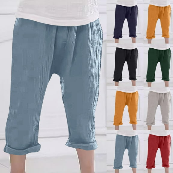 ZZwxWA Cotton Linen Kids Casual Pants with Rolled Hem Elastic Waist Comfortable Loose Fit Trousers for Daily Wear