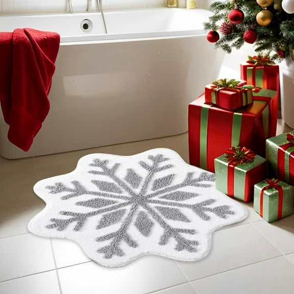 Snowflake Bathroom Rug, 15.75X15.75inch Christmas Snowflake Bath Mat, Christmas Decor Snowflake Welcome Mat, Non Slip Snowflake Shaped Tub Rug, Winter Doormat for Xmas Home Carpet Decoration
