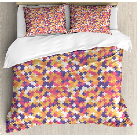 Abstract Duvet Cover Set Queen Size, Puzzle Pieces Style Ornamental Pastel Geometric Shapes Contemporary, Decorative 3 Piece Bedding Set with 2 Pillow Shams, Blue Violet Pink Apricot, by Ambesonne