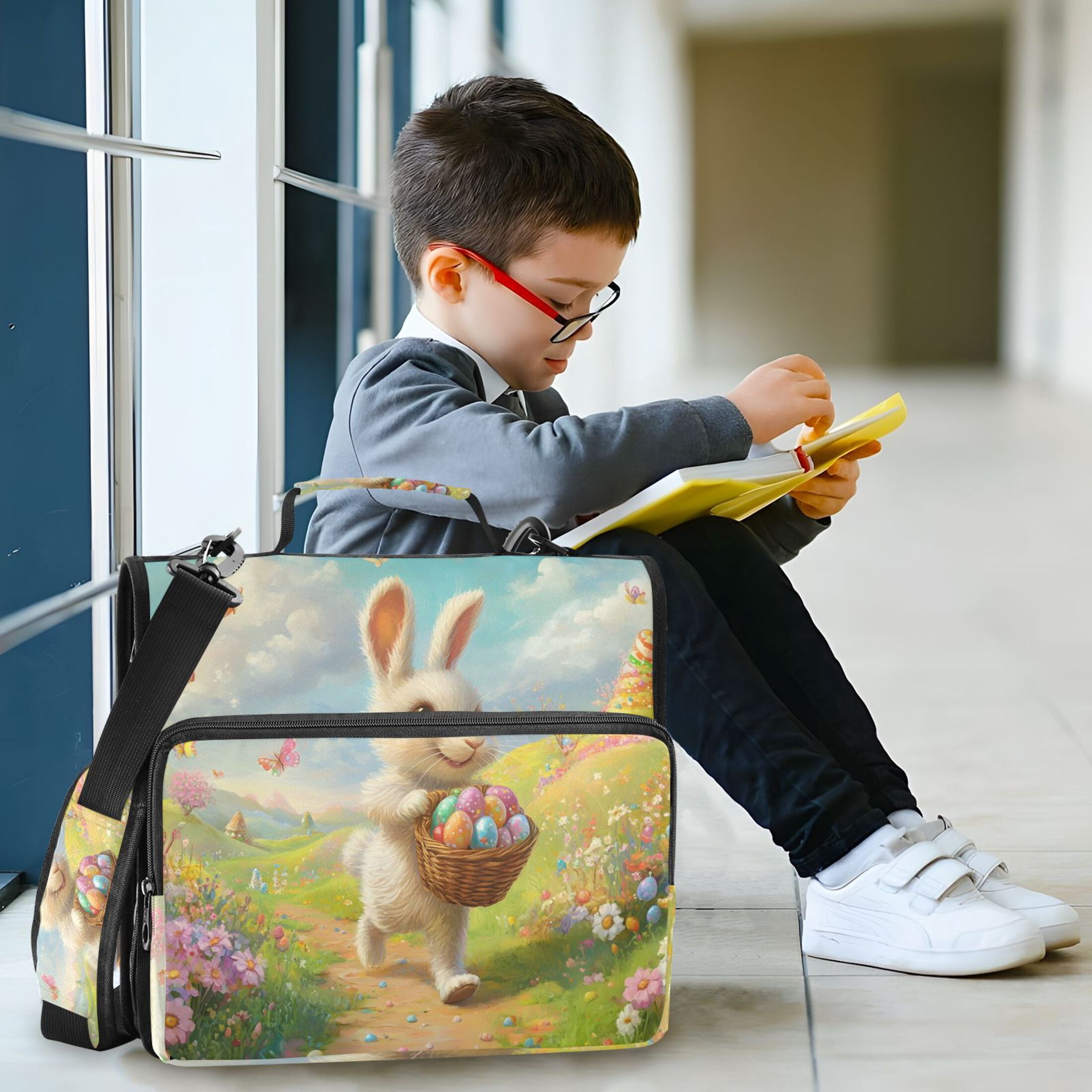 3 Ring Zipper Binder with Shoulder Strap Waterproof Trapper Keeper 2 Inch D-Ring 500 Sheets Capacity Cartoon Bunny Walks with Easter Eggs