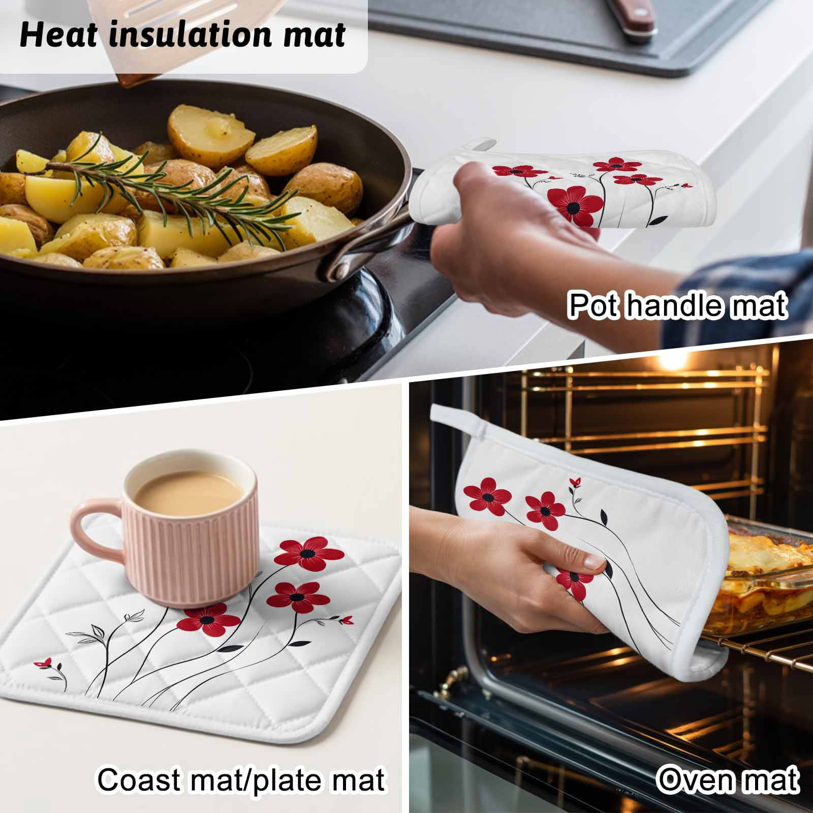 Red Spring Floral Pot Holders for Kitchen Heatproof Potholder, 5 Pack Elegant Summer Botanical Pastoral Hot Pads Multipurpose Oven Pads Cloth Potholders Trivet for Cooking Baking