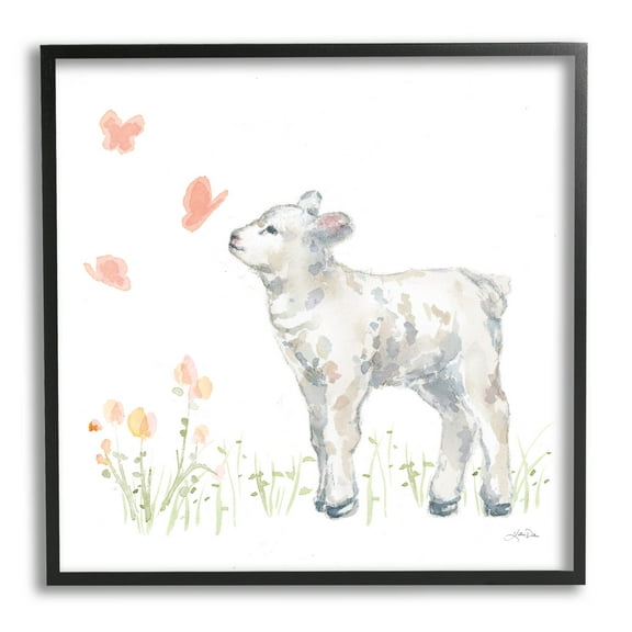 Stupell Industries Sweet Baby Lamb Butterfly Meadow Graphic Art Black Framed Art Print Wall Art, Design by Katrina Pete
