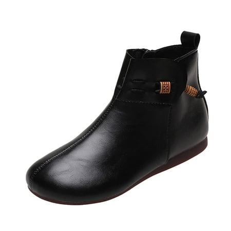 

Jsaierl Womens Flat Ankle Bootie Leather Round Toe Strap Short Boots Ladies Classic Square Toe and Side Zipper Casual Shoes