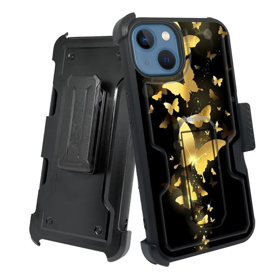 ANJ  Rugged Shockproof Holster Case w/Card Slot, Kickstand   Tempered Glass for iPhone 13 (6.1") - Golden Butterflies