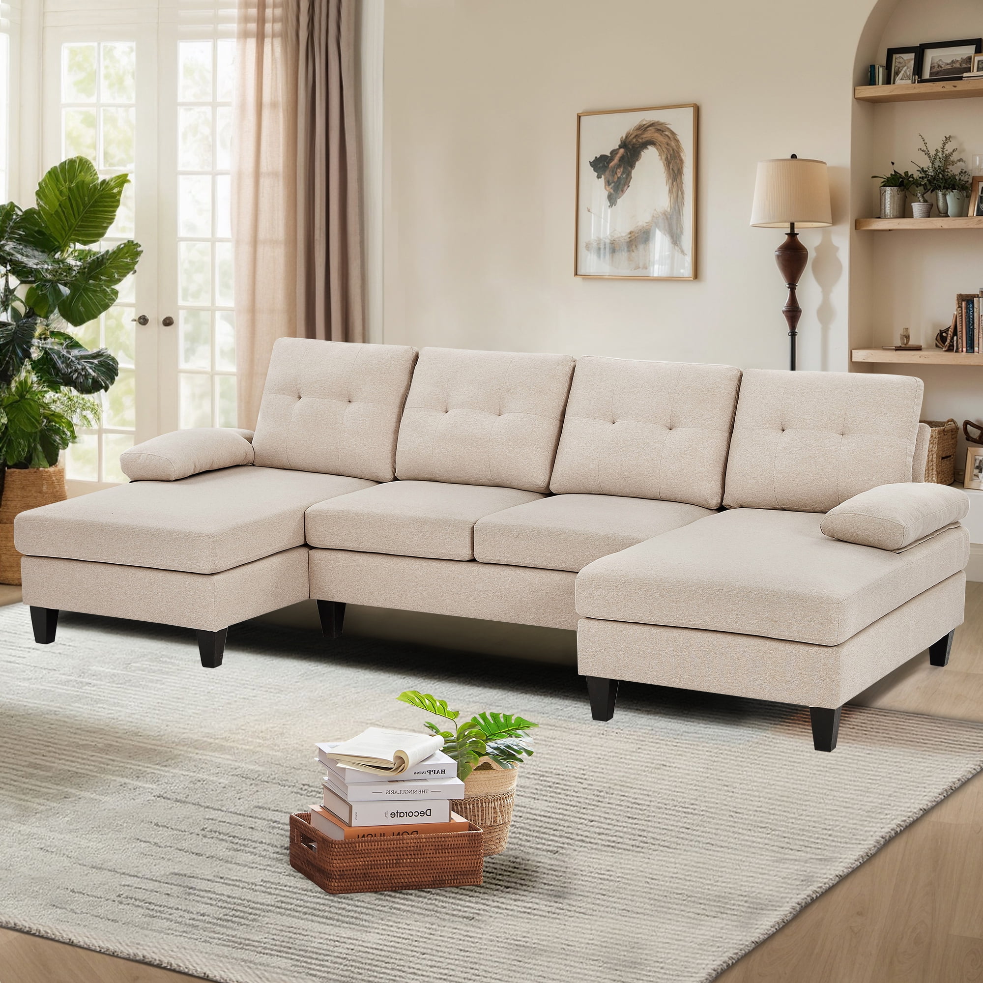Soscana 105" Sectional Sofa U Shaped Couch with Double Chaises, Modern Linen Sofa Oversized 4 Seater Couch for Living Room, Apartment, Office, Studio