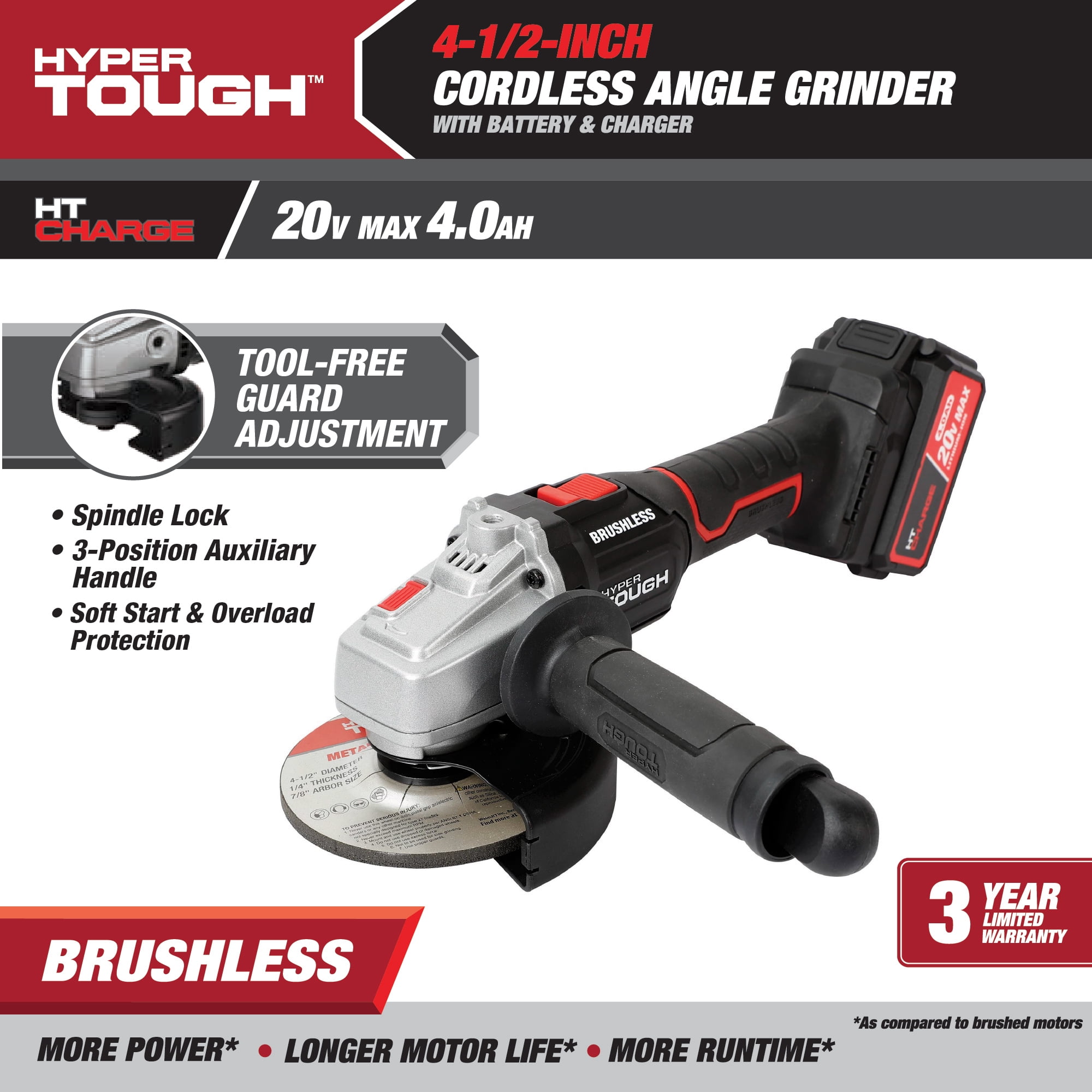 Hyper Tough 20V Max Brushless 4.5 inch Cordless Angle Grinder with 4.0Ah Lithium Ion Battery and Charger New Walmart