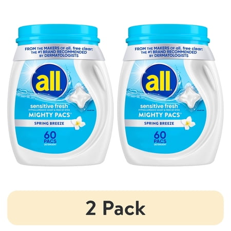 (2 pack) all Sensitive Fresh Mighty Pacs Laundry Detergent Pacs, Hypoallergenic Spring Breeze Scent, Gentle for Sensitive Skin, 60 Count, HE Compatible