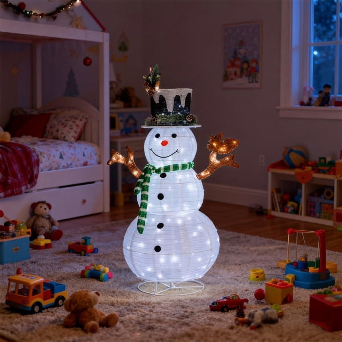 4FT Lighted Snowman Christmas Decoration, 120 White LEDs, Snow-Covered Hat & Green Scarf with Squirrel, for Indoor, Outdoor