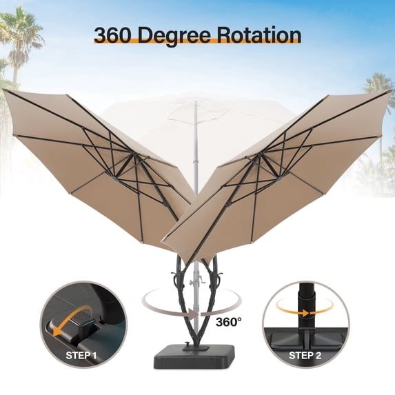 KAMEROUT 11FT Patio Umbrella with Base, Outdoor Deluxe Curvy Cantilever Umbrella for Pool Deck, Champagne