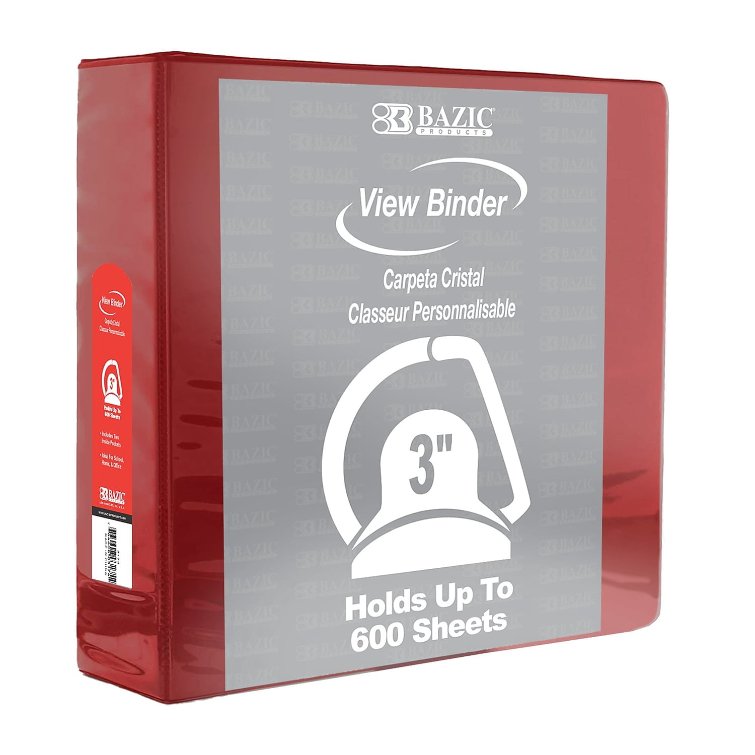 BAZIC Products Slant D Ring View Binder with 2 Pockets, 3", Burgundy, Pack of 3