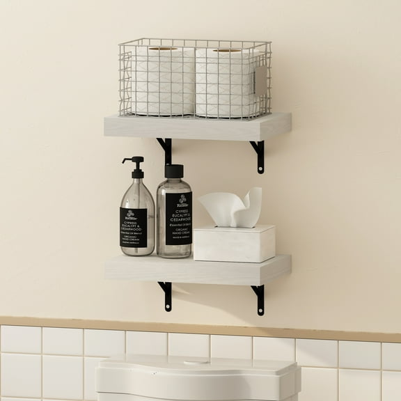 Furinno TANNA Floating Shelves for Wall Set of 2, 15-Inch Bathroom Wall Shelf, Wall Mounted Shelf, for Bathroom Organizers and Storage, Living Room, White Texture