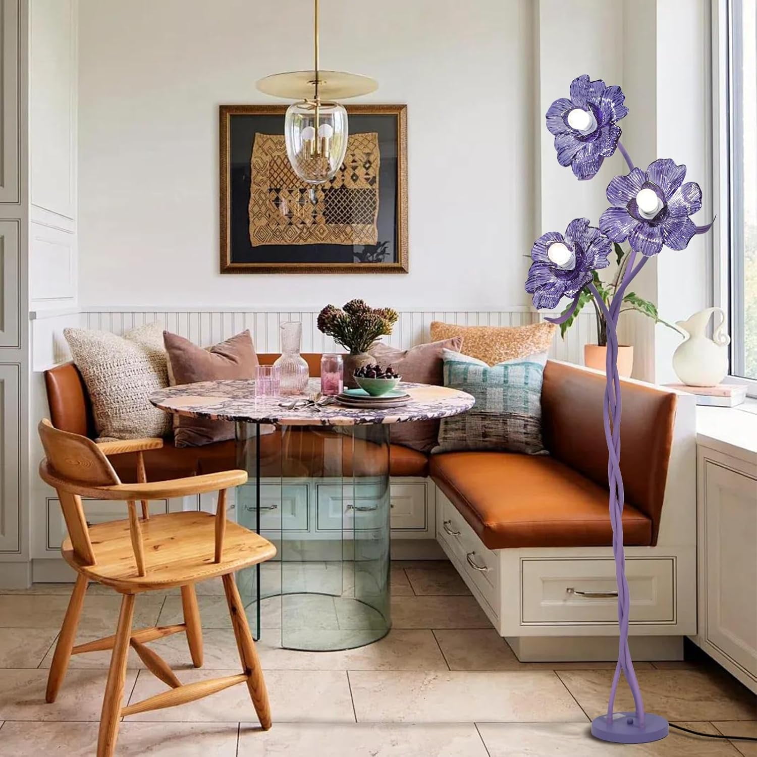 Vintage Flower Floor Lamp for Girls' Bedroom, Cute 3 Heads Floor Reading Light with Flexible Gooseneck, 3 Colors Crabapple Flower Modern Corner Standing Lamp for Living Room Office Home Decor (Purple